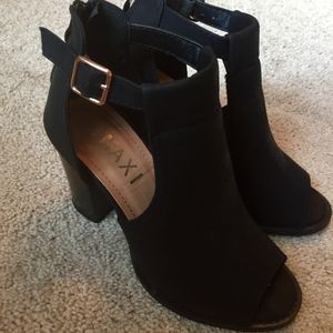 open toe black ankle boots
